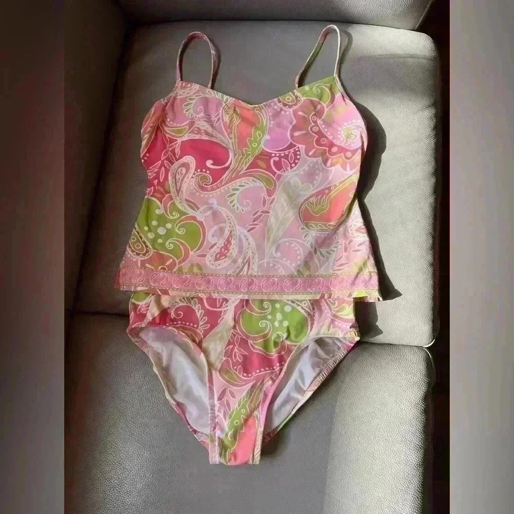 Adorable JANTZEN one piece swimsuit pastel tropical paisley print size 10